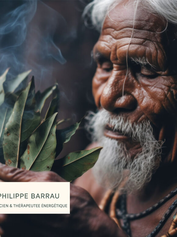 Portrait symbolique d’un chaman aborigène d’Australie tenant des feuilles médicinales, représentant la sagesse ancestrale et la pratique énergétique – Philippe Barrau, psychopraticien et thérapeute énergétique à Saint-Rémy-de-Provence.