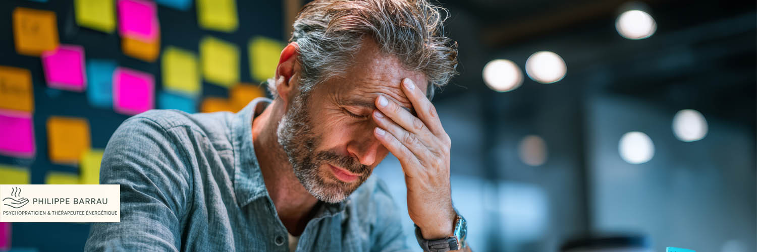 Homme montrant des signes d’épuisement émotionnel, surcharge intérieure et fatigue mentale