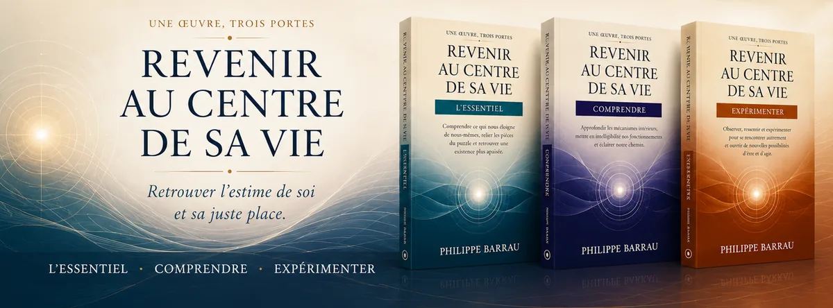 Bannière Revenir au centre de sa vie de Philippe Barrau avec les trois livres L’Essentiel, Comprendre et Expérimenter.